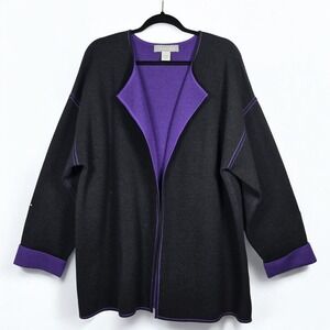 Modern Soul Cardigan Sweater Women 1X Wool Blend Charcoal Purple Knit Open Front